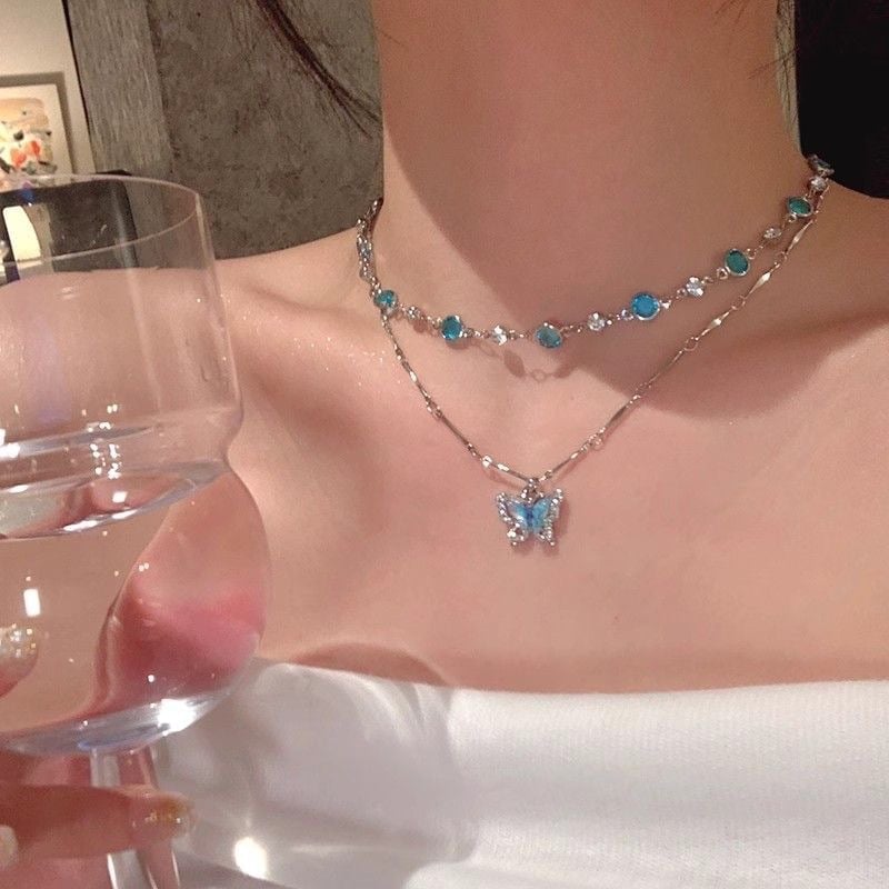 Blue Butterfly Necklace for Women Layered Necklace with Beaded Chain Silver Necklace with Dainty Pendant Jewelry Sets for Trendy Fashion Accessories Gifts for Birthday Mothers Day
