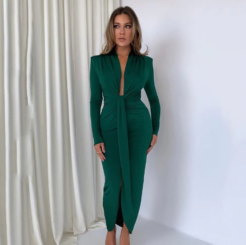 European and American Ins Simple Sexy Irregular Long Dress Trade Summer Foreign Trade New Long Sleeve Waist Pleated dress