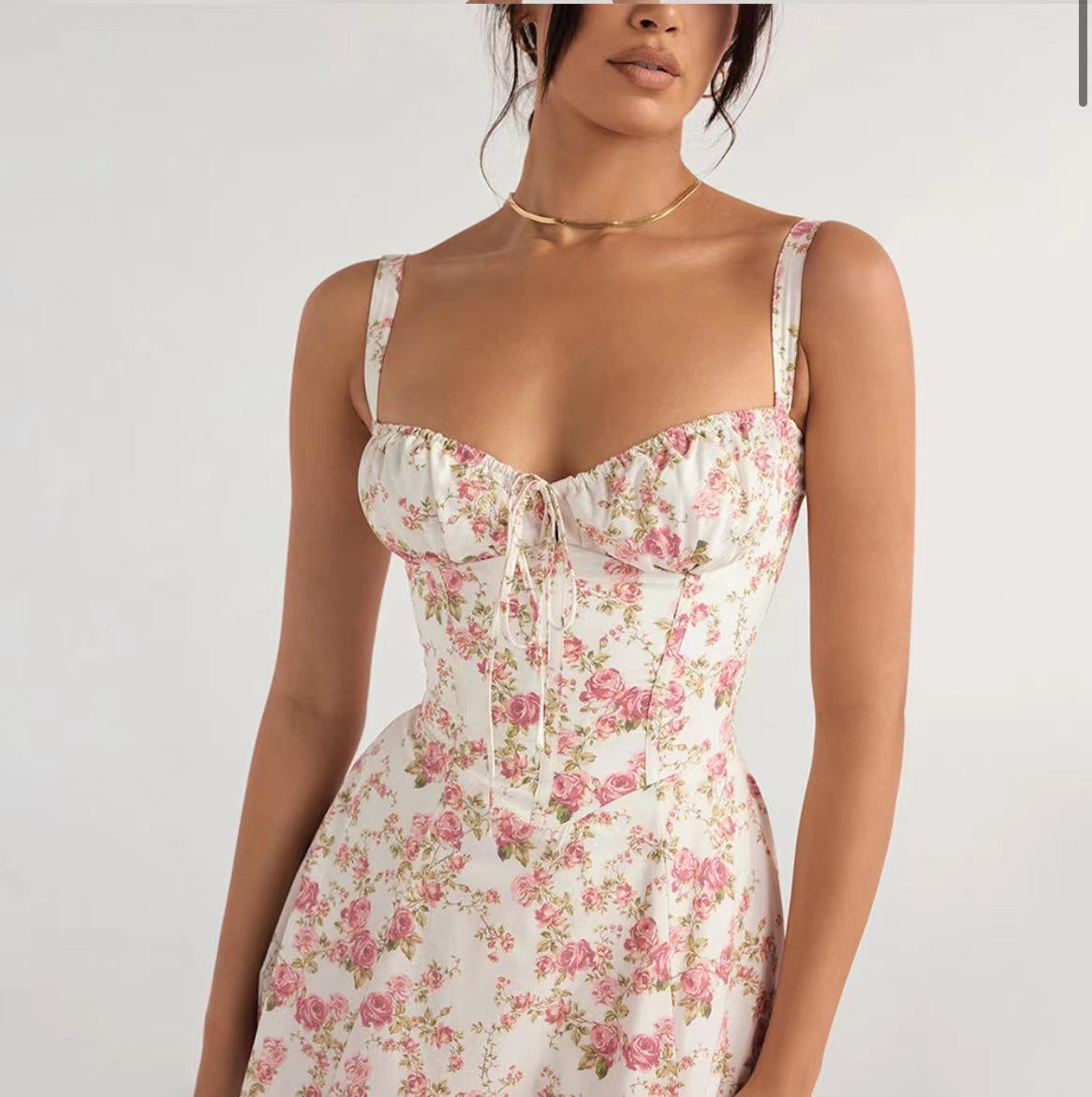American Hot Low-cut Sexy Digital Printed Chest Back Strap Waist Mid-length Dress