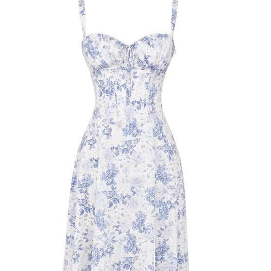 American Hot Low-cut Sexy Digital Printed Chest Back Strap Waist Mid-length Dress