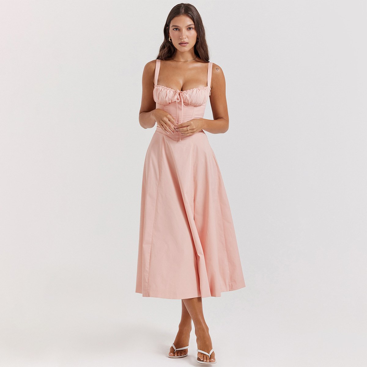 American Hot Low-cut Sexy Digital Printed Chest Back Strap Waist Mid-length Dress
