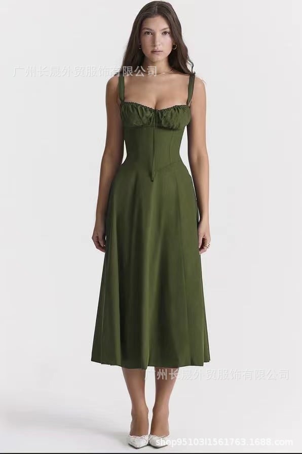 American Hot Low-cut Sexy Digital Printed Chest Back Strap Waist Mid-length Dress