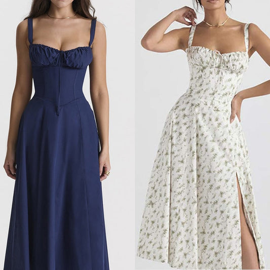 American  Hot Low-cut Sexy Digital Printed Chest Back Strap Waist Mid-length Dress