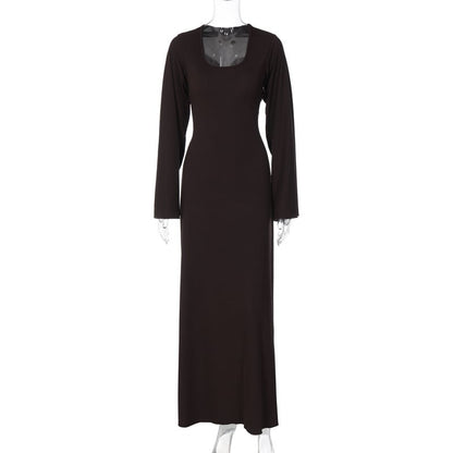 A fashionable and loose U-neck long-sleeved dress with a tie at the back