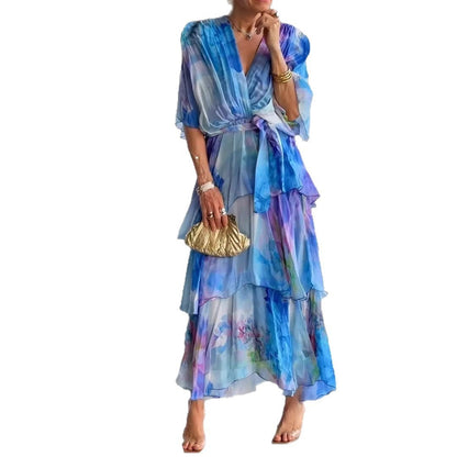 2024 New Cross-border European and American Amazon Independent Station Printing Layered dress
