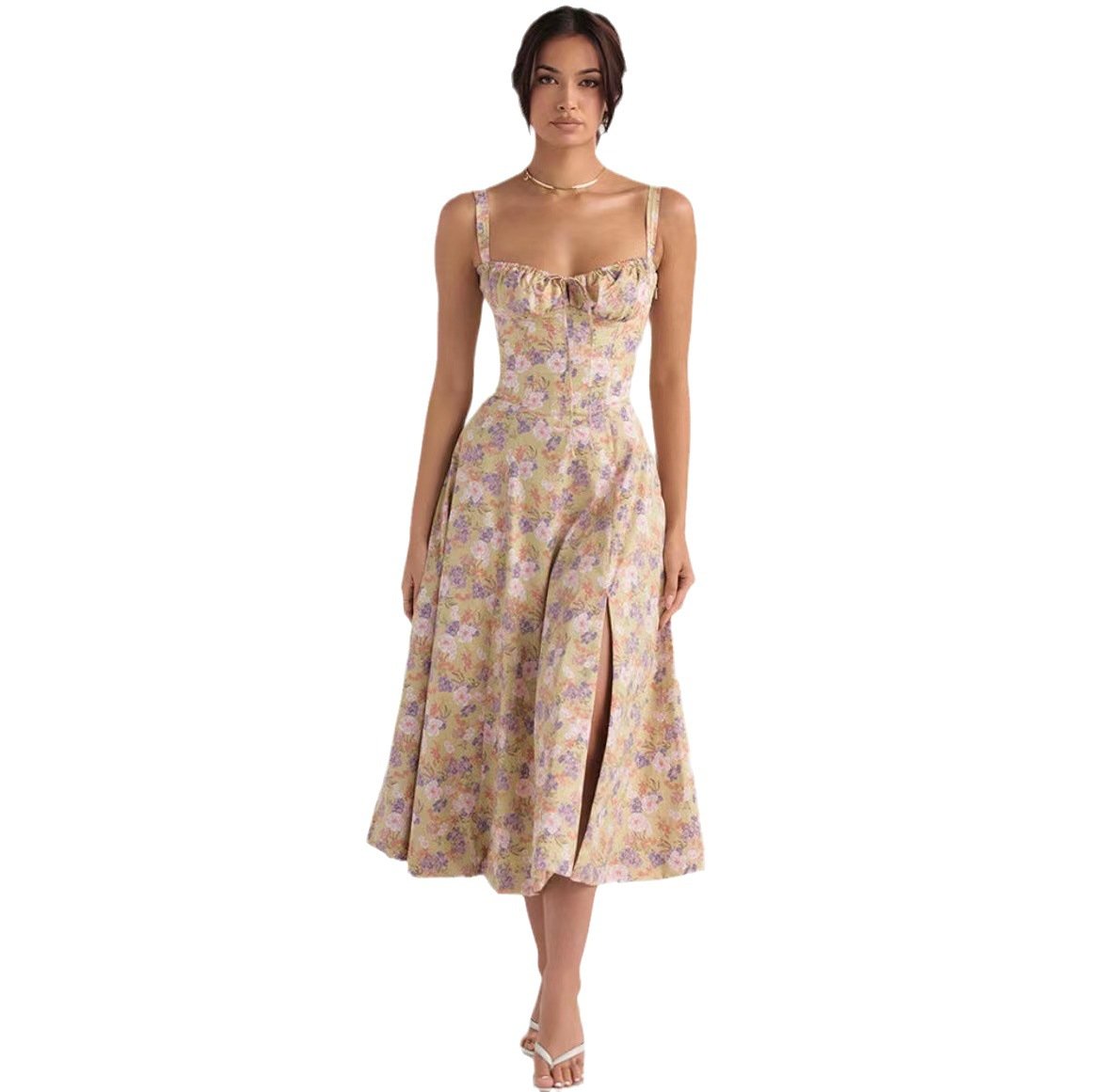 American  Hot Low-cut Sexy Digital Printed Chest Back Strap Waist Mid-length Dress