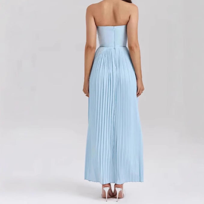 Elegant strapless sleeveless pleated and fashionable sweet strapless dress
