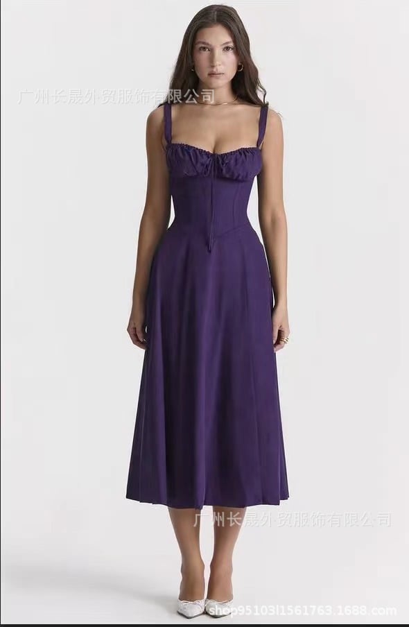 American  Hot Low-cut Sexy Digital Printed Chest Back Strap Waist Mid-length Dress