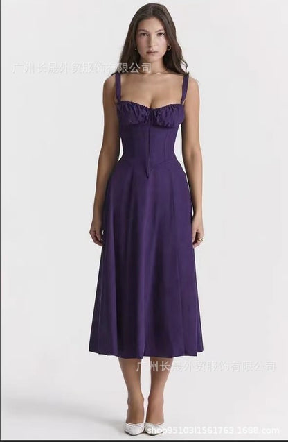 American  Hot Low-cut Sexy Digital Printed Chest Back Strap Waist Mid-length Dress