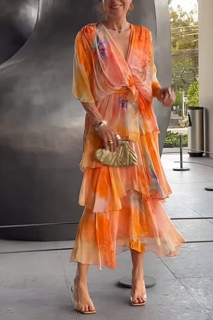 2024 New Cross-border European and American Amazon Independent Station Printing Layered dress