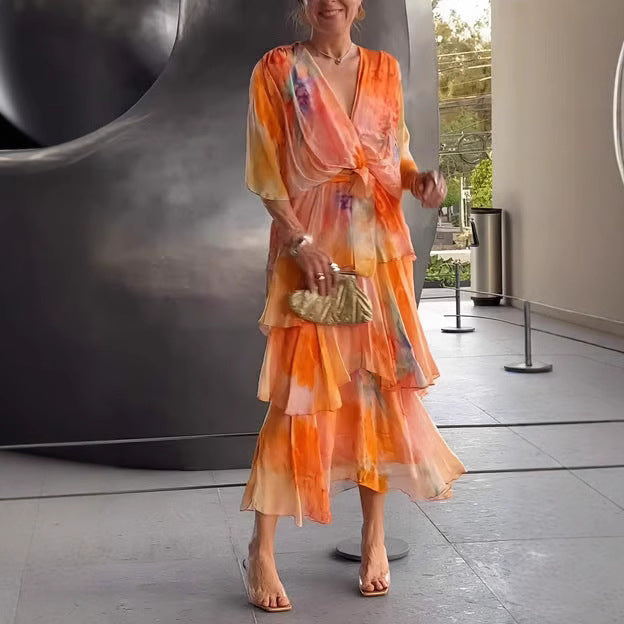 2024 New Cross-border European and American Amazon Independent Station Printing Layered dress