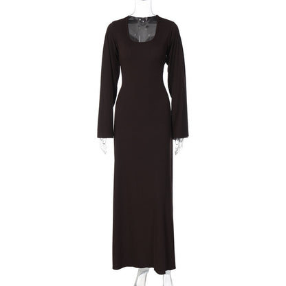 A fashionable and loose U-neck long-sleeved dress with a tie at the back