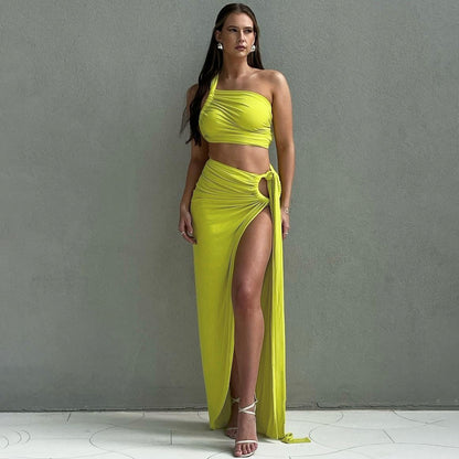 Backless, strapless and slit skirt