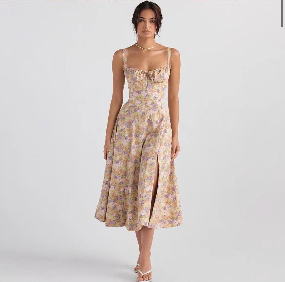 American  Hot Low-cut Sexy Digital Printed Chest Back Strap Waist Mid-length Dress