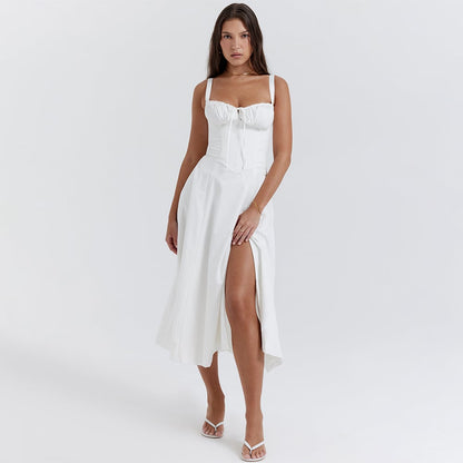 American  Hot Low-cut Sexy Digital Printed Chest Back Strap Waist Mid-length Dress