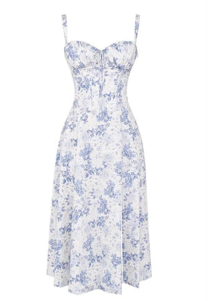 American  Hot Low-cut Sexy Digital Printed Chest Back Strap Waist Mid-length Dress