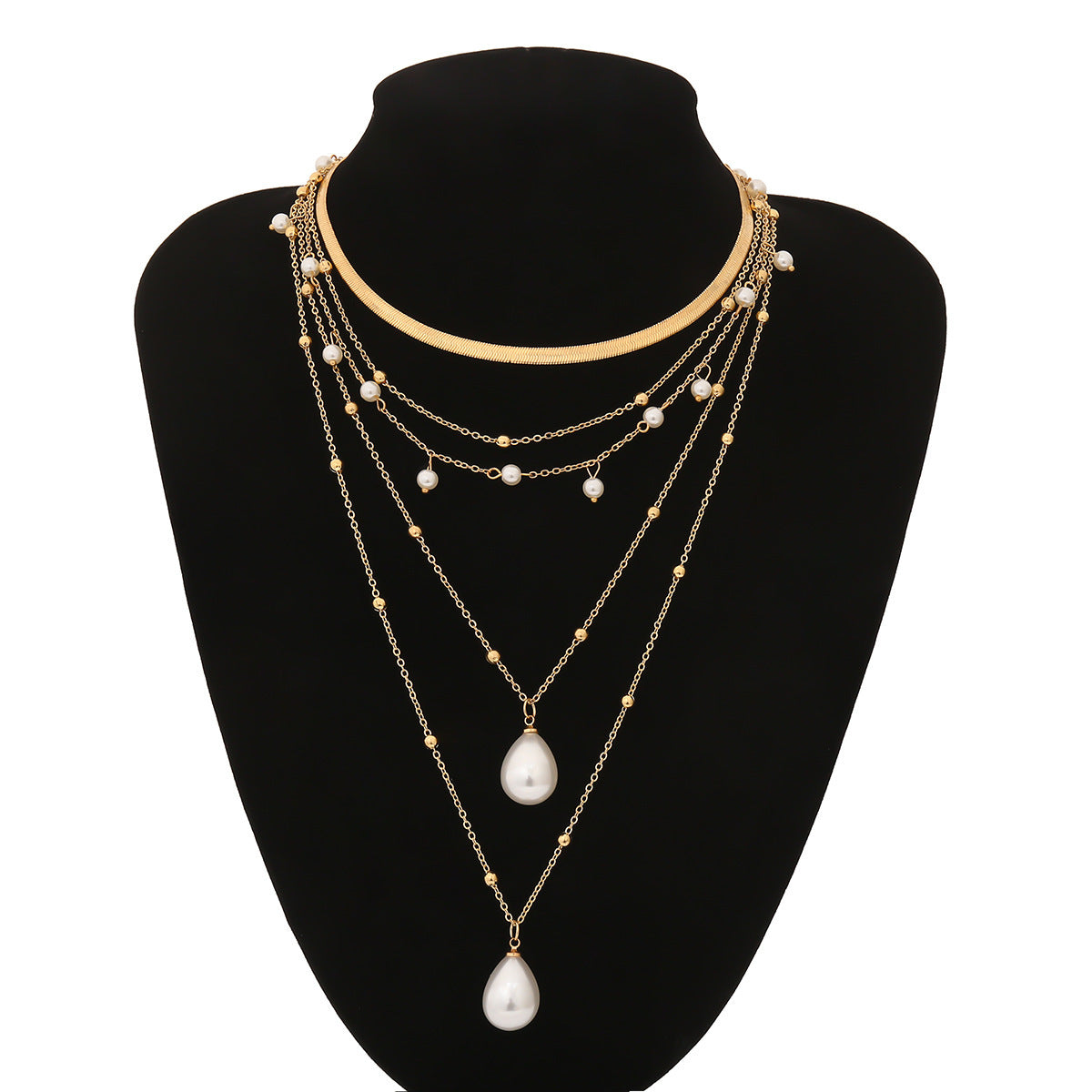Multi-layer metal chain pearl imitation necklace