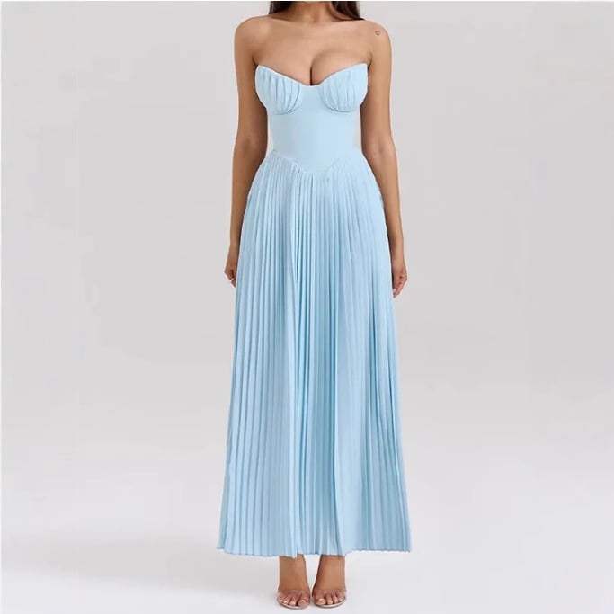 Elegant strapless sleeveless pleated and fashionable sweet strapless dress