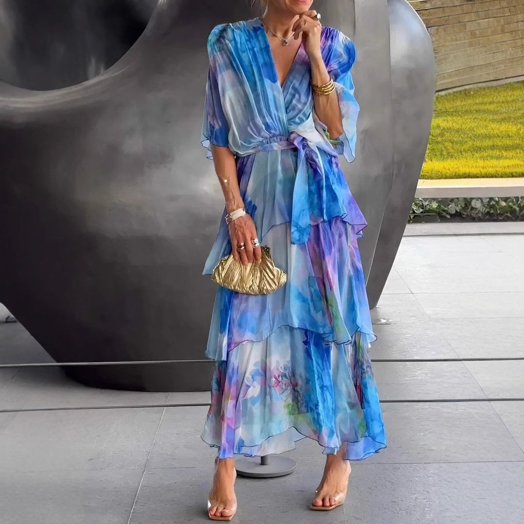 2024 New Cross-border European and American Amazon Independent Station Printing Layered dress