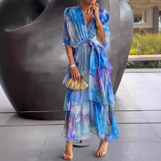 2024 New Cross-border European and American Amazon Independent Station Printing Layered dress