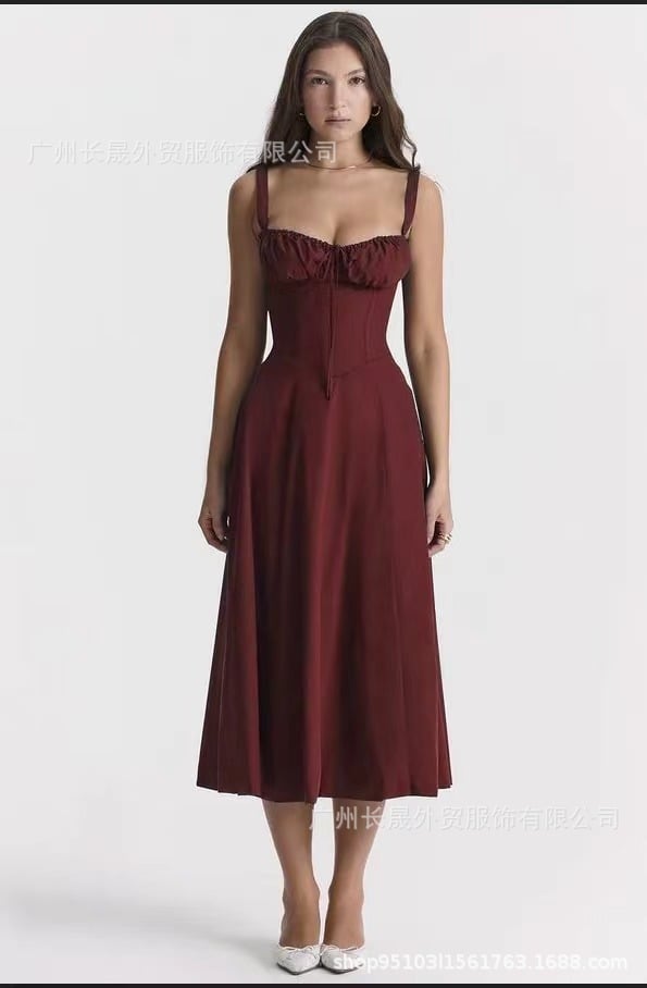 American  Hot Low-cut Sexy Digital Printed Chest Back Strap Waist Mid-length Dress