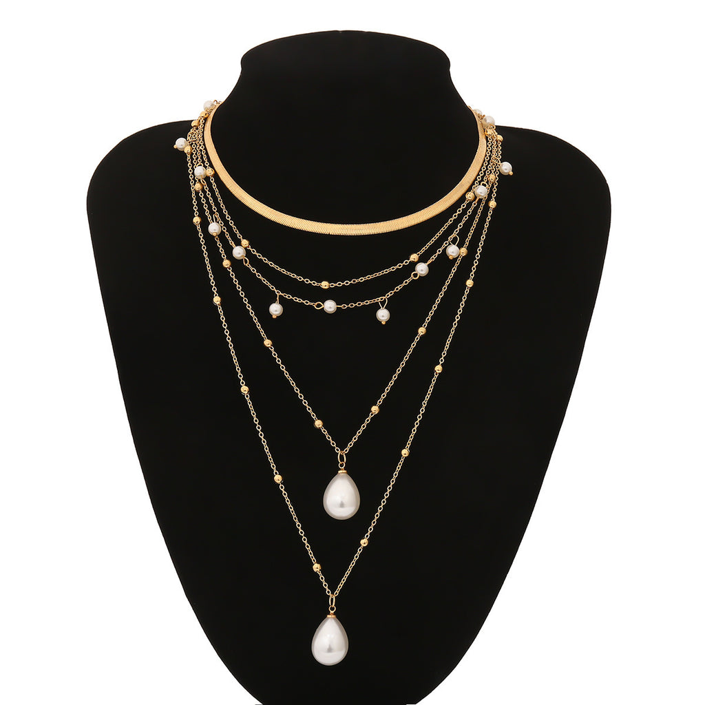 Multi-layer metal chain pearl imitation necklace