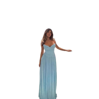 Elegant strapless sleeveless pleated and fashionable sweet strapless dress
