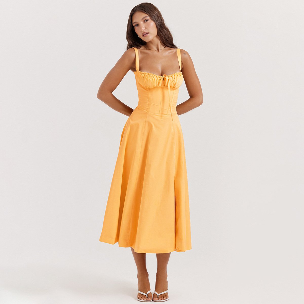American  Hot Low-cut Sexy Digital Printed Chest Back Strap Waist Mid-length Dress