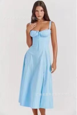 American  Hot Low-cut Sexy Digital Printed Chest Back Strap Waist Mid-length Dress