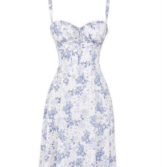 American  Hot Low-cut Sexy Digital Printed Chest Back Strap Waist Mid-length Dress