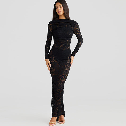 European and American Amazon New Sexy Backless Lace Flower Perspective Slim-fit Long-sleeved Street-style Long Hip dress