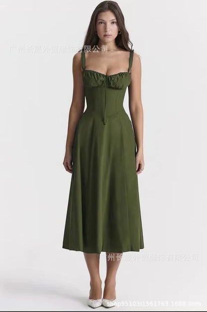 American  Hot Low-cut Sexy Digital Printed Chest Back Strap Waist Mid-length Dress