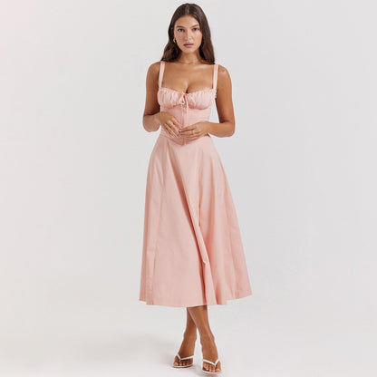 American  Hot Low-cut Sexy Digital Printed Chest Back Strap Waist Mid-length Dress