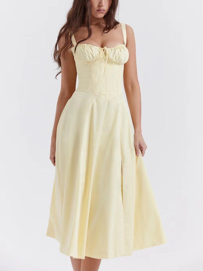 American  Hot Low-cut Sexy Digital Printed Chest Back Strap Waist Mid-length Dress