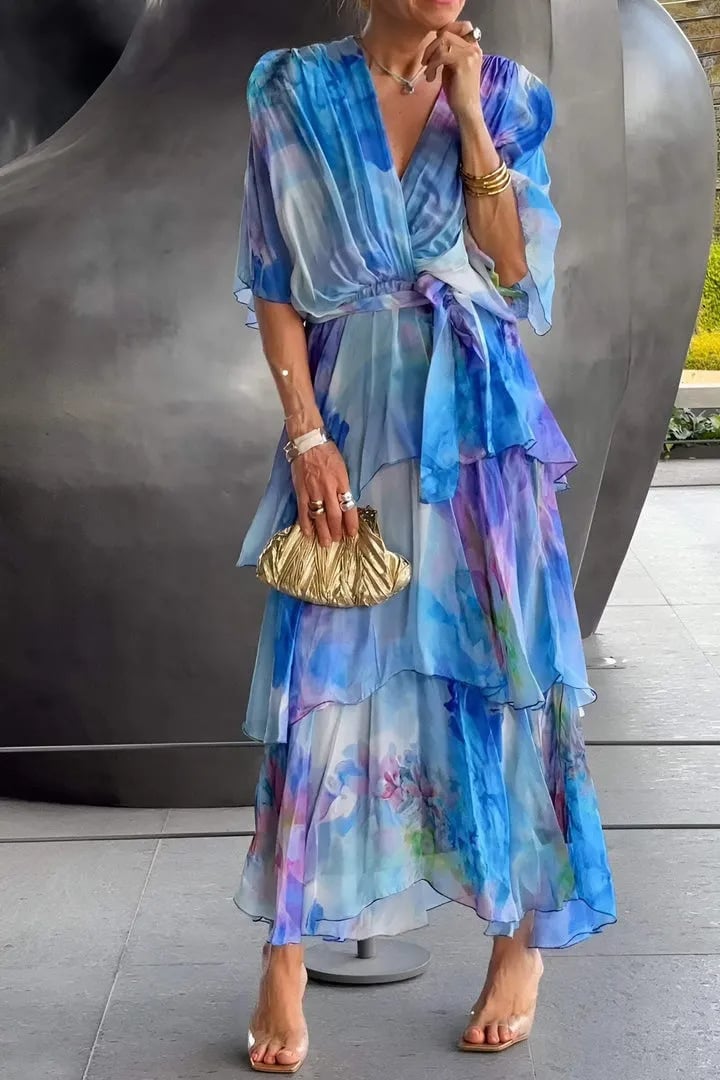2024 New Cross-border European and American Amazon Independent Station Printing Layered dress